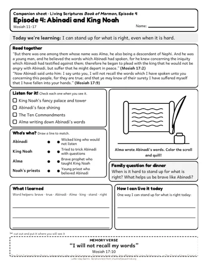 Preview of the kids’ companion sheet for episode 4, Abinadi and King Noah