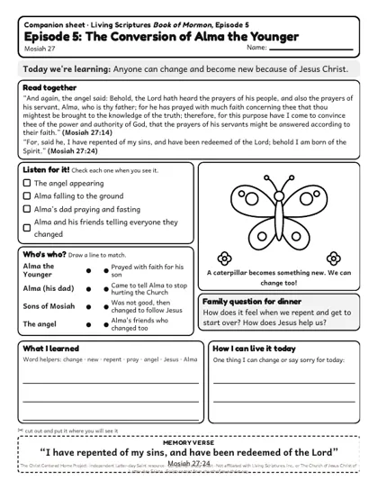 Preview of the kids’ companion sheet for episode 5, The Conversion of Alma the Younger
