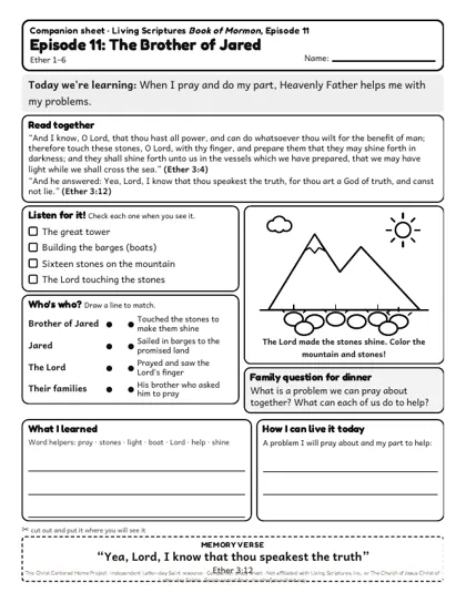 Preview of the kids’ companion sheet for episode 11, The Brother of Jared
