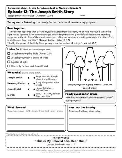 Preview of the kids’ companion sheet for episode 13, The Joseph Smith Story